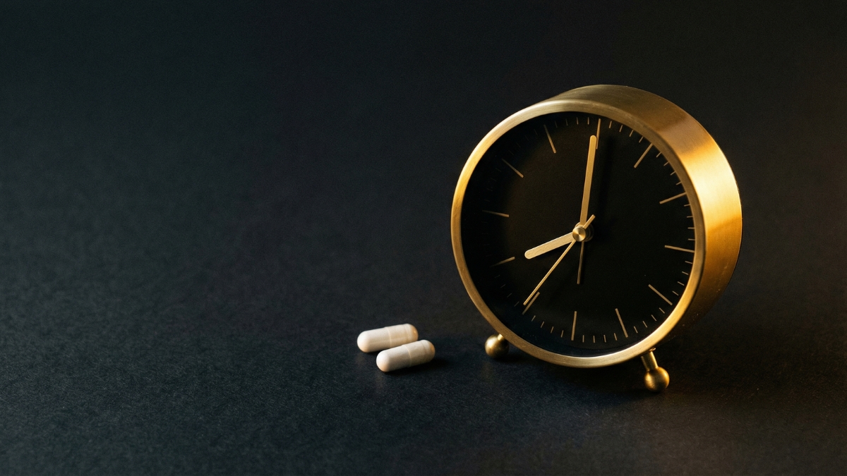 Hodiny ukazující čas 21:00–22:00, večerní rituál, kapsle v dlani